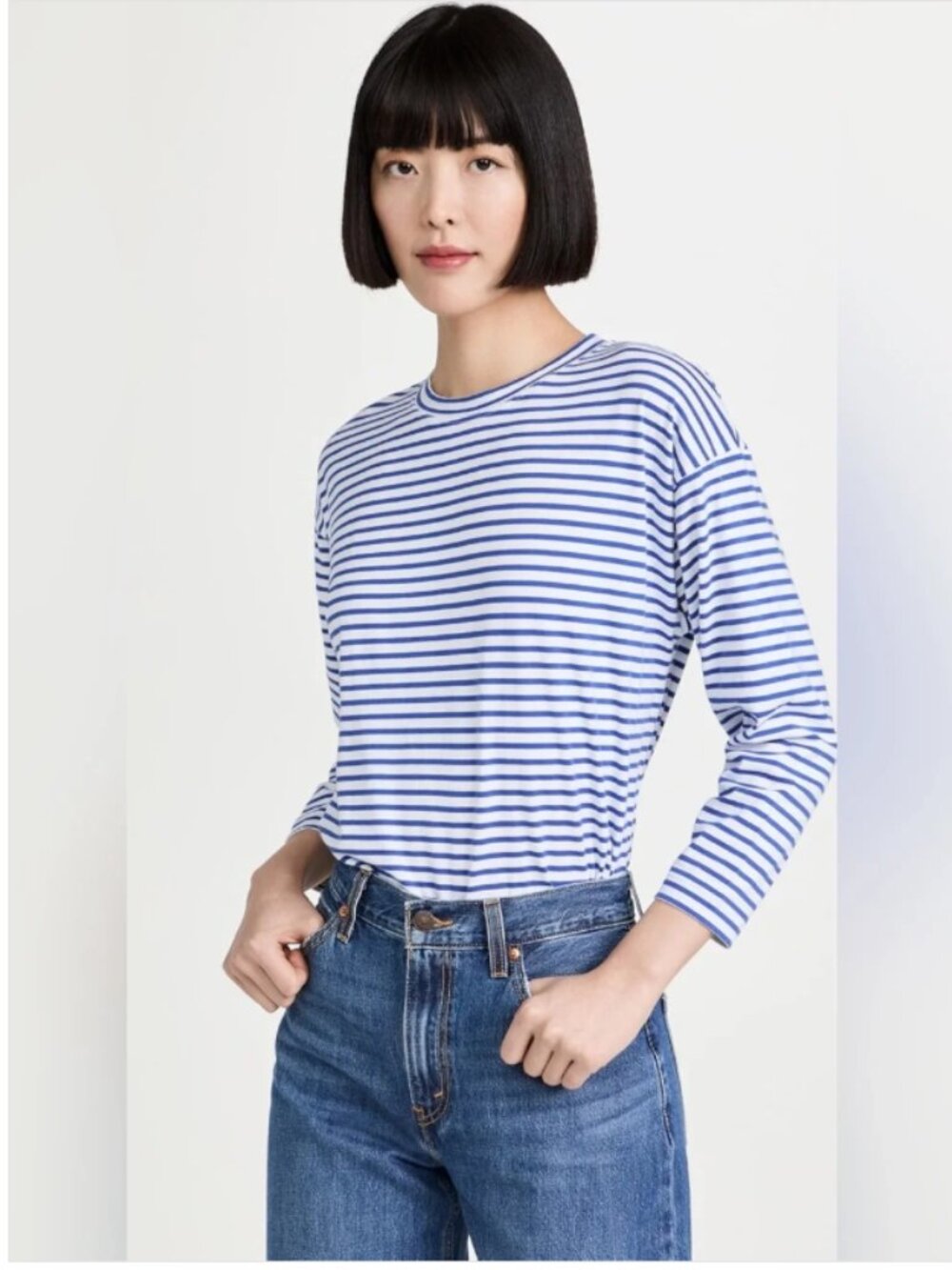 AYR French Fry Blue Striped Crewneck 3/4 Sleeve T Shirt L